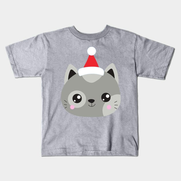 Christmas Cat, Santa Hat, Cat With Hat, Cute Cat Kids T-Shirt by Jelena Dunčević